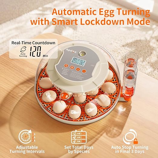 APDOE Egg Incubators for Hatching Eggs, Temperature and Humidity Control, Automatic Egg Turning, Egg Candler, External Water Bottle, Air Vent, for Chicken, Duck & Quail Eggs, 18 Eggs