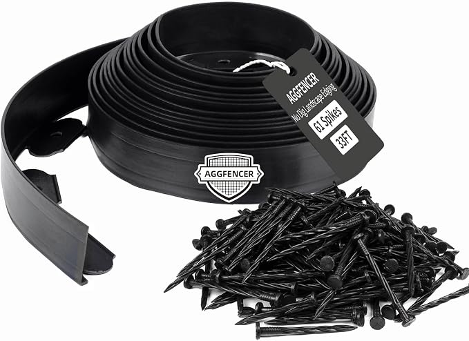 Landscape Edging 2 in x 33 Ft, No Dig Garden Edging Border Kit with 61 Pcs Spikes for Garden Flower Bed Lawn Yard Grass Pathway, Black Flexible PE Material