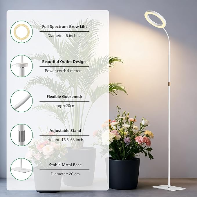 SDOVUERC Full Spectrum Grow Light with Stand for Indoor Plants, Floor Plant Light, 6/12/18H Timer, 3 Color Modes, Adjustable Height 16.5–67in, for Large Plants & Home Décor(2 Heads White)