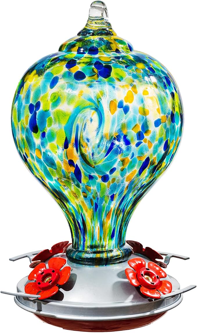 Hummingbird Feeders for Outdoors Hanging, 32OZ Hand Blown Glass Hummingbird Feeder for Outside, 4 Perch Ant Moat Leakproof, Garden Decor, Backyard Bird Gifts for Mom (Blue) | LaElvish Garden Hummingbird Feeders for Outdoors Hanging, 32OZ Hand Blown Gla...
