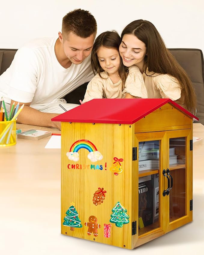 Outdoor Library Book Box Storage, Red Wooden Cabinet Little Literature Box for Neighborhoods Community and Schools Sharing Books, Newspapers, Flyers, Food and Art (Library Box-Red-2Tier)