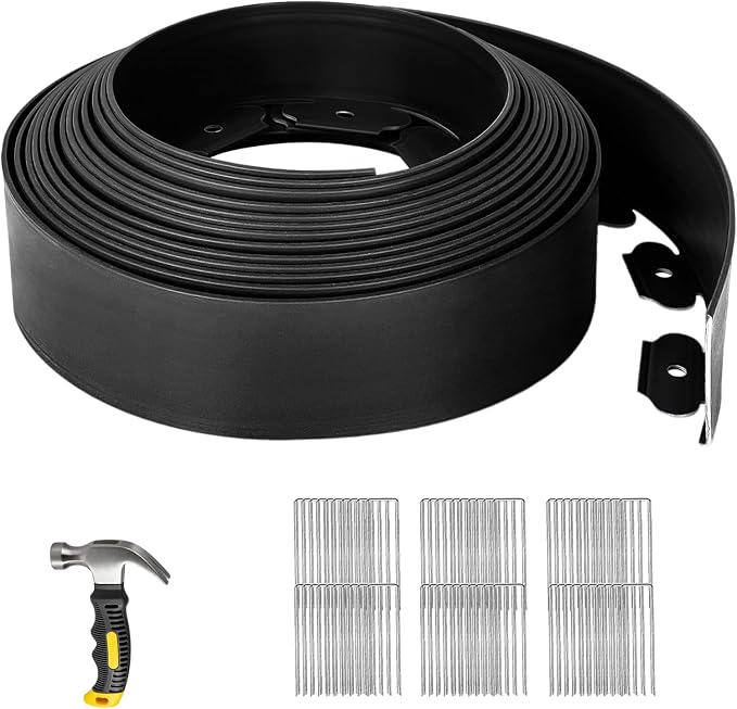 SPECILITE Landscape Edging 4 in x 40 FT, Flexible No-Dig Garden Border with 60 Galvanized Steel Stakes & Hammer, Landscaping Edging Kit for Garden Flower Beds, Yard, Lawn, Pathways, Black