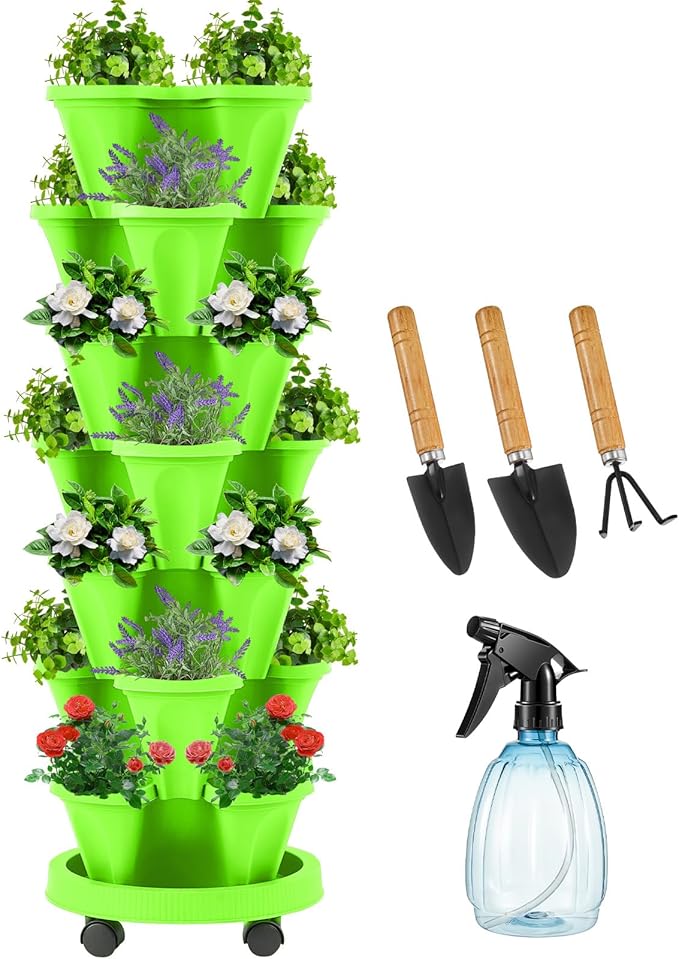 Umigy 1 Set Light Green 7 Tier Vertical Planter Stackable Tower Planters Strawberry Herb Flower and Vegetable Pots Indoor Outdoor Gardening Pots with Removable Wheels and Tools