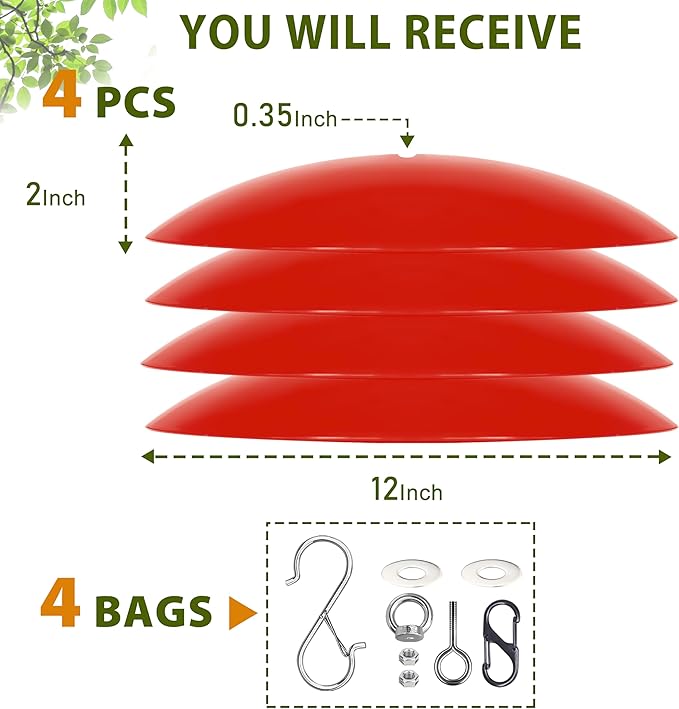 12" Bird Feeder Rain Guard, Hummingbird Feeder Shade Dome Cover, Hanging Squirrel Baffle for Bird Feeder Pole (Red), 4 Pack