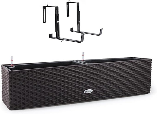 Dexceder 31.5 Inch Self Watering Rail Window Box with Bracket (Brown) | Thickened Large Rattan Planter Flower Plant Pot with Water Level Indicators Indoor Outdoor