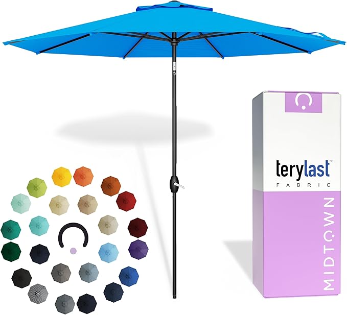 Midtown Umbrellas - 10-Year-No-Fade 10FT Patio Umbrella with Terylast Fabric, Auto-Tilt Aluminum Frame and 8 Reinforced Ribs for Deck, Pool, Garden & Beach - Cobalt Blue Canopy, Black Pole