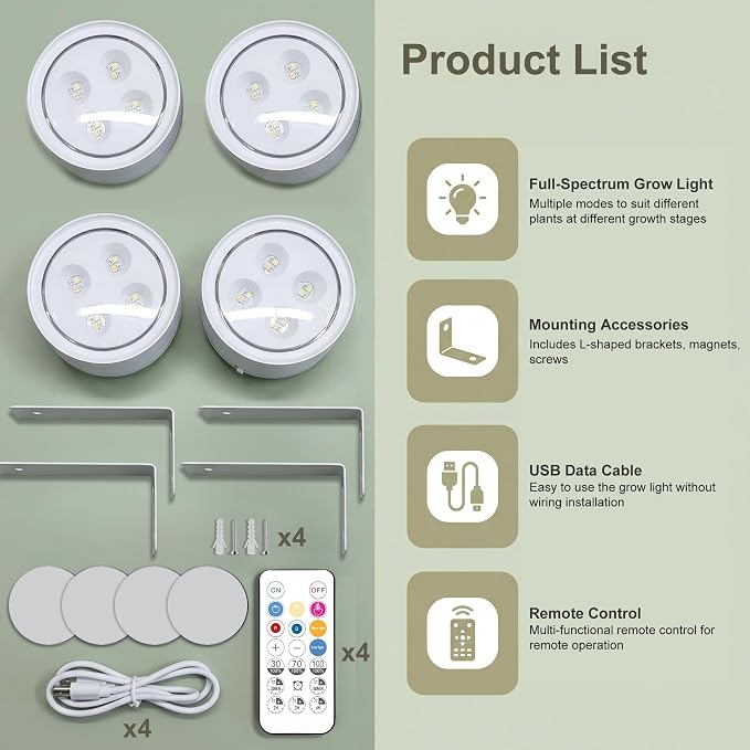 4 Pack Rechargeable Grow Light with Timer, 3000k 6500k Cordless Magnetic Plant Lamp for Indoor Growing, Full Spectrum Lighting with Remote, Stepless Dimming for Plant Shelf Greenhouse