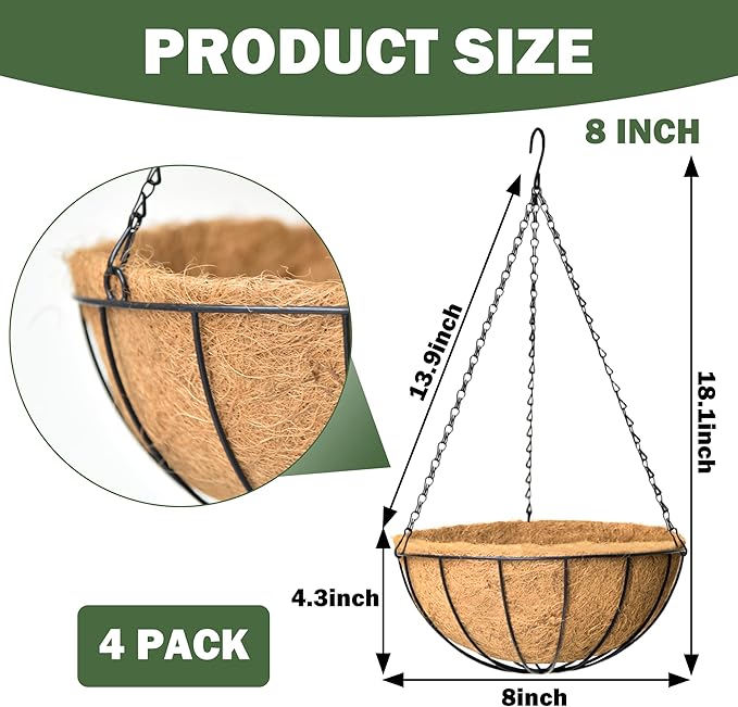 4 Pack 8 Inch Hanging Baskets for Plants Outdoor Metal Hanging Planter Basket with Coco Coir Liner Hanging Flower Baskets Hangings Flower Pots Holder for Garden, Patio(Watermelon)