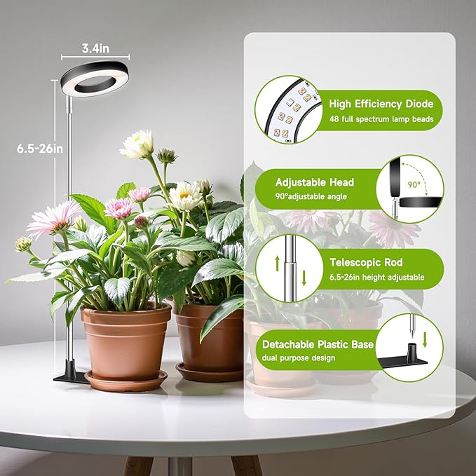Kullinss Plant Light, 48 LEDs Full Spectrum Plant Lights for Indoor Growing, Halo Plant Light with 3/9/12H Timer, 3 Color Modes, 10 Brightness, Height Adjustable Grow Lamp for Small Plants (3 Pack)