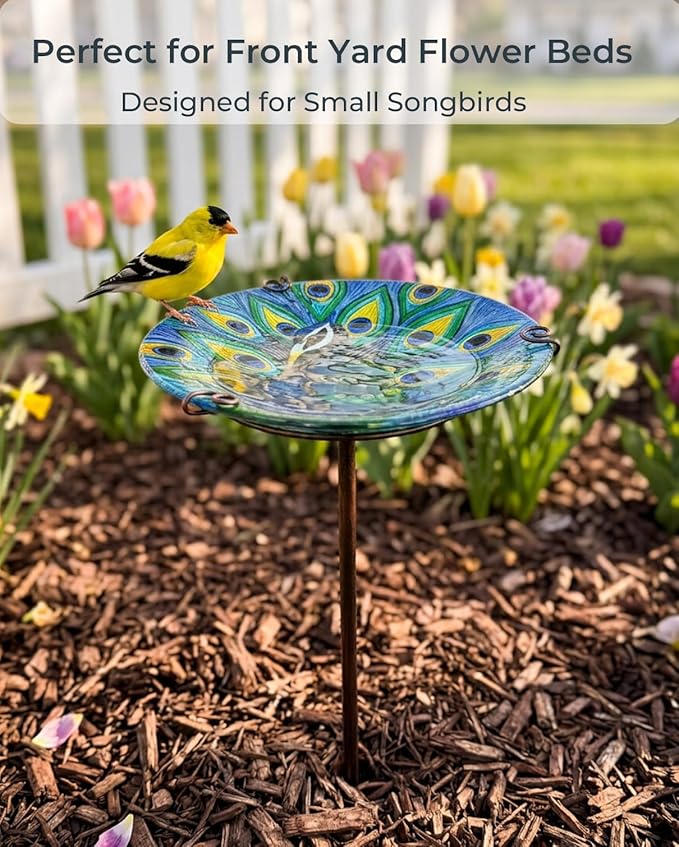 Peacock Bird Bath for Outside Glass Birdbath Bowl & Birdfeeder with Metal Stake for Garden, Yards Lawn Patio, Bird Lovers Gift 10.5" D