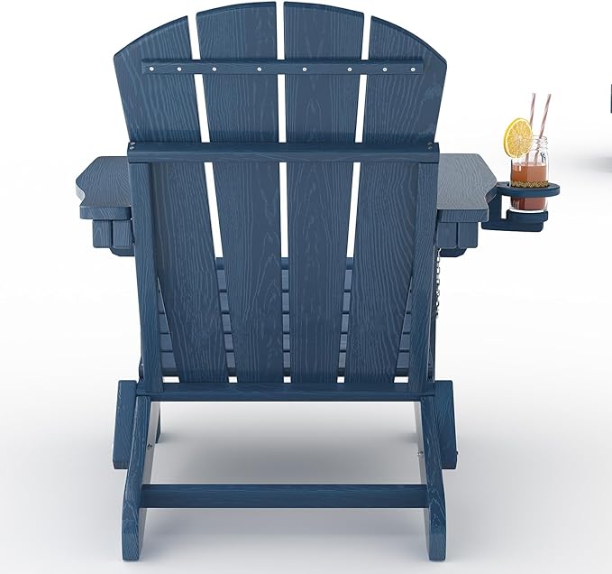 GarveeLife Folding Adirondack Chair Set of 4 with 2 Side Table, All-Weather HDPE Outdoor Chair, Wooden Textured with Cup Holder for patios, Decks, Gardens, fire pits, Navy Blue