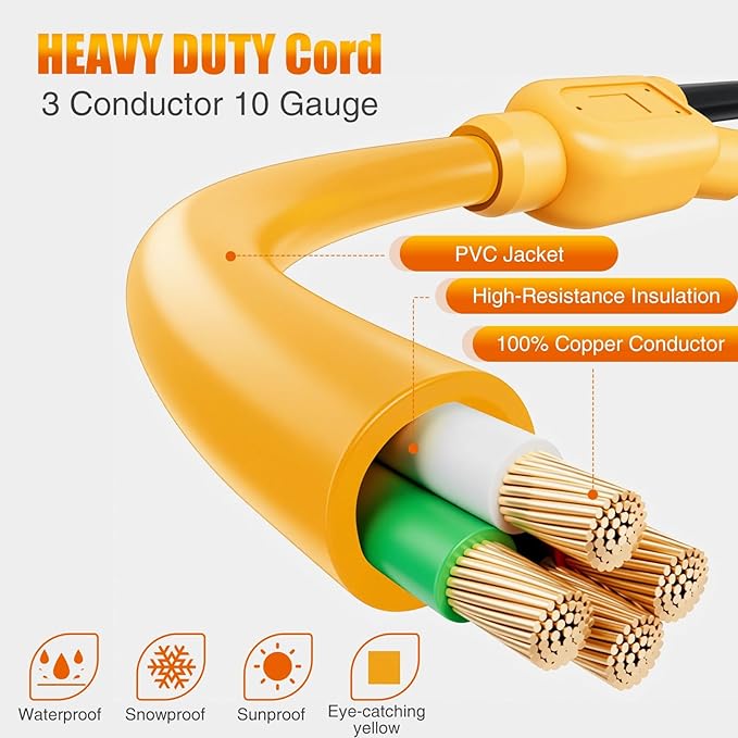 Tellegloww 20 FT Flat RV Generator Adapter Cord NEMA TT-30p to 3X 5-20R/5-15R, 30A to 110V 15/20 A Household Outlet Adapter, 10 Gauge Flat Rv Generator Extension Cord, Etl Listed, Yellow