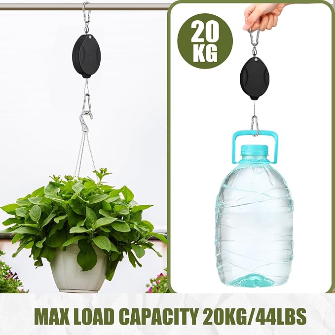 Leinuosen 8 Pack Upgraded Plant Pulleys for Hanging Plants Heavy Duty Retractable Plant Hanger, 304 Stainless Steel Rope Adjustable Climbing Hook for Garden Baskets Pots, Birds Feeder (Black)