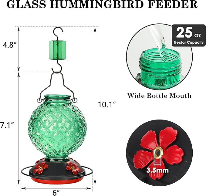 25 OZ Glass Hummingbird Feeder for Outdoors, Leak Proof Hummingbird Feeder with Ant Moat, 4 Bee Resistant Feeding Ports, Easy Clean Wide Mouth Design, 360° Perch, Green