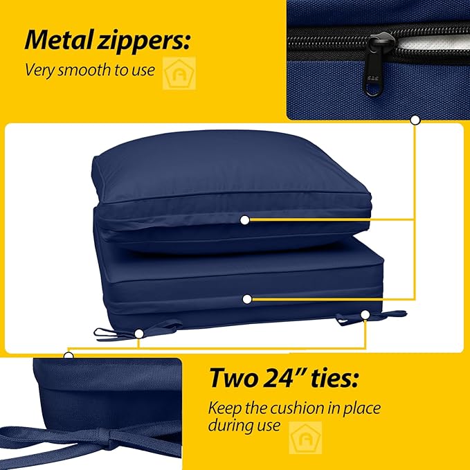 AAAAAcessories Outdoor Deep Seat Cushions with Double Welted Pillow, Waterproof, Fade-Resistant Patio Furniture Replacement Cushions, 23.5" x 25.5" x 5" + 23.5" x 19", Navy Blue