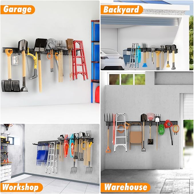 Housolution Heavy Duty Garage Wall Organizer 64 Inch - 18Pack Carries 570 lbs, Garage Tool Organizer Storage System, 4 Rails with 12 Adjustable Hooks, Garden Tool Organizer for Warehouse, Workshop