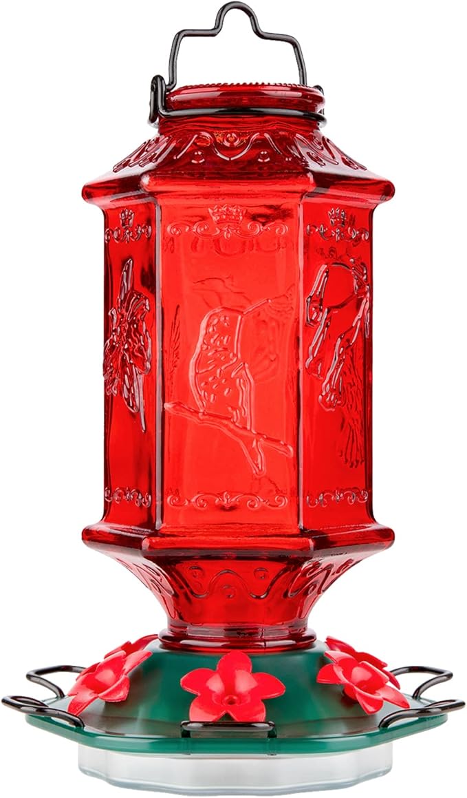 Hummingbird Feeder for Outdoors, Lantern Shaped Bottle, 6 Simulation Flowers Feeding Ports, 26 fl.oz, Hanging for Garden Yard, Rust Proof, Red(Ant Moat Included)