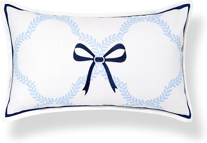 Hofdeco Premium Coastal Hampton Patio Indoor Outdoor Lumbar Pillow Cover Only, 12"x20" Water Repellent for Backyard, Couch, Poolside, Baby Blue Navy Embroidered Ribbon Bow Tie on Leaves