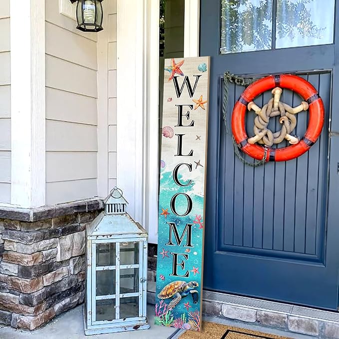Sea Turtle Welcome Sign for Front Door, Beach Outdoor Porch Sign Home Decorations Standing Yard Sign Seasonal Wood Door Sign for Garden Tall Summer Welcome Vertical Signs for Patio Wall