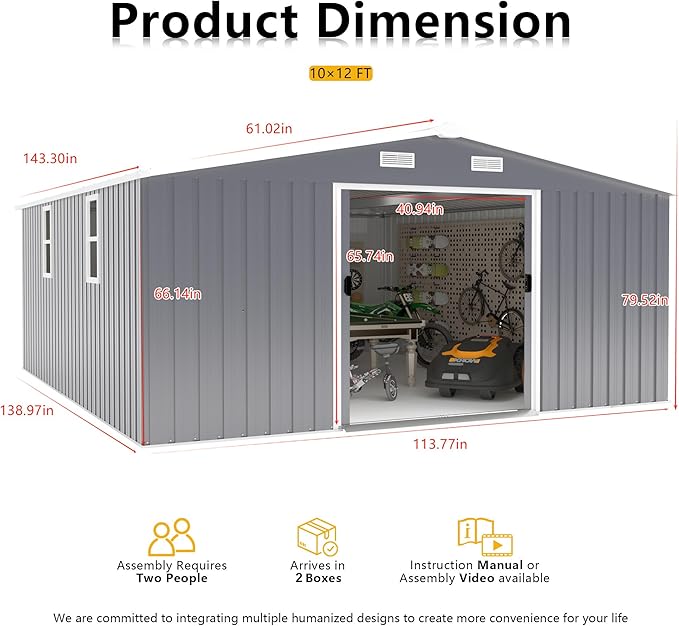 KEIKI 10' x 12' Metal Garden Storage Shed with Foundation Kit, Double Door Outdoor Tool Shed with 2 Windows, Color Steel Construction, Dark Gray