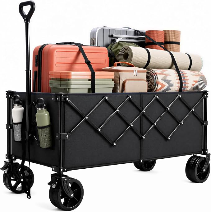 OLIXIS 49" Extra Long Folding Wagon Cart, 440LBS Heavy Duty Collapsible Wagon with Big All-Terrain Wheels, 250L Portable Outdoor Utility Cart for Shopping, Garden, Camping, Grocery, Sports - Black