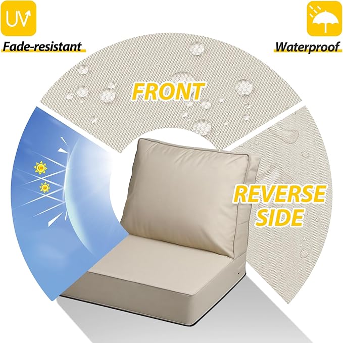 AAAAAcessories Outdoor Deep Seat Cushions with Double Welted Pillow, Waterproof, Fade-Resistant Patio Furniture Replacement Cushions, 23.5" x 25.5" x 5" + 23.5" x 19", Beige