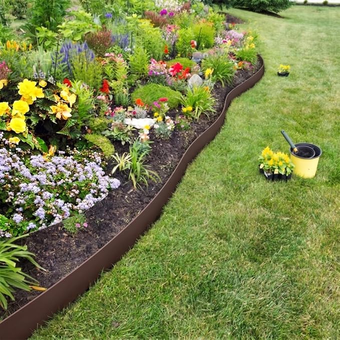 Garden Edging 33FT, 4IN High Landscape Edging Borders Kit Lawn Edging Roll, Plastic Mini Fence Border with 50pcs Stakes for Yards, Paving Edging, Flowerbeds, Sidewalks, Pathway, Brown