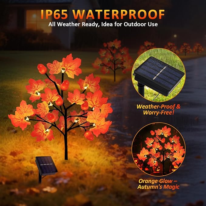 Fall Decorations Outdoor, 4-Pack 80LED Maple Leaf Acorn Yard Stake Lights, Waterproof Solar Fall Lights Thansgiving Decorations Outdoor for Yard, Garden, Pathway Harvest Holiday Fall Decor