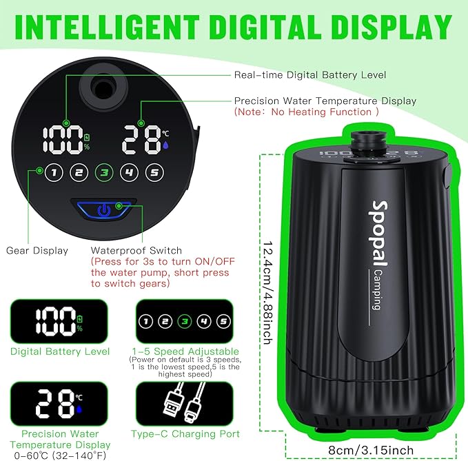 Spopal Portable Shower for Camping, [Upgraded] 10000mAh Rechargeable Camping Shower with 5 Adjustable Speeds,Premium LED Display, IPX8 Waterproof Outdoor Shower Kit for Hiking, Car, Pet, Travel