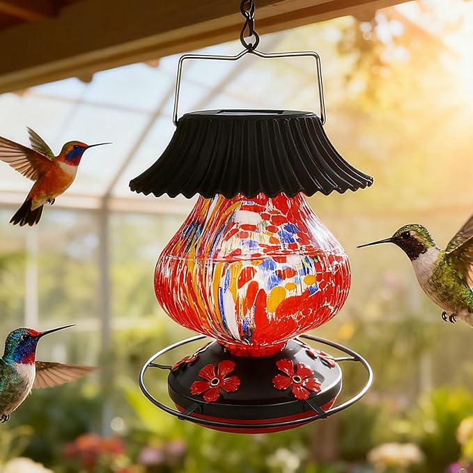 Solar Glass Hummingbird Feeder for Outdoors- 26 fl.oz Best Solar Hummingbird Feeders- 5 Feeding Ports with Perch - Wasp Leak Proof- Perfect Hand Blown Glass Color Changing for Outdoors Hanging (Red)