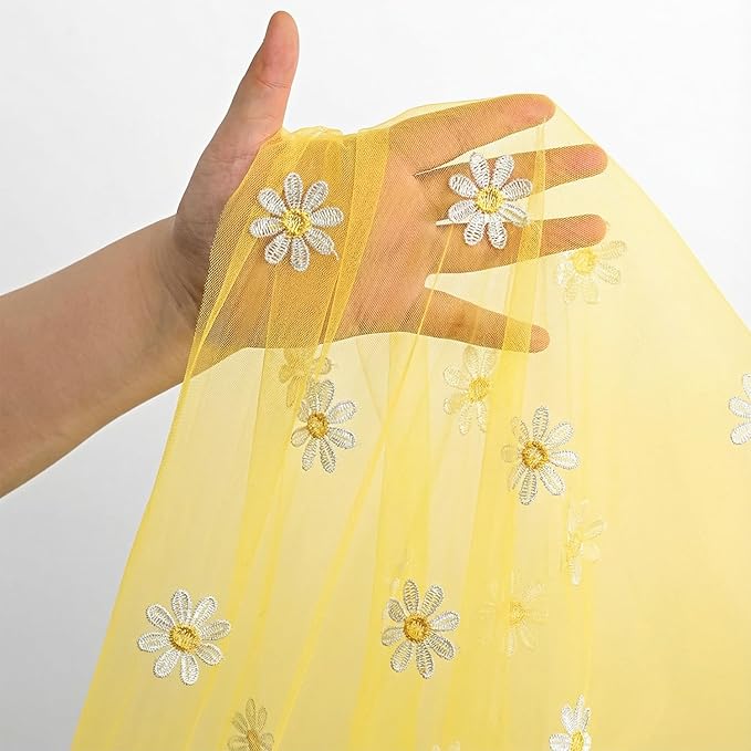 Horaldaily Yellow Embroidery Daisy Spring Summer Gauze Tablecloth 52×70 Inch Rectangular, Seasonal Tulle Table Cover, Garden Party Decorations for Wedding, Party, Holiday Dining