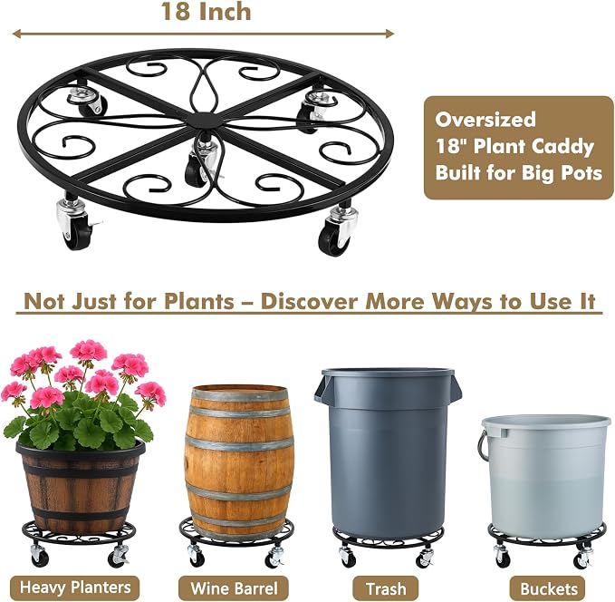 6 Pack Plant Caddy with Wheels 18 Inch Rolling Plant Stand for Large Plants Heavy Duty Plant Rollers Metal Plant Dolly Rustproof Planter Stand Wrought Iron Plant Stands Flower Cart Outdoor