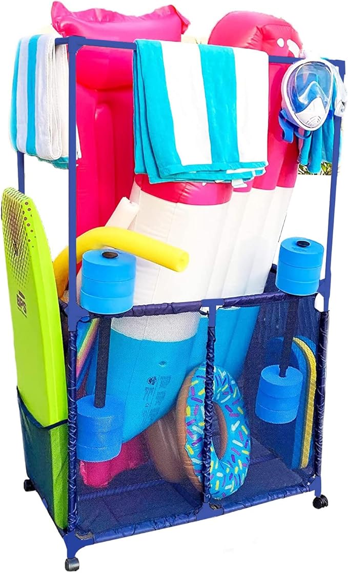 Pool Equipment Holder with Towel Drying Bars, Mesh Rolling Multi Use Storage Organizer Bin, Large Towel Hanger (25" L x 34.5" W x 62.6" H), Blue