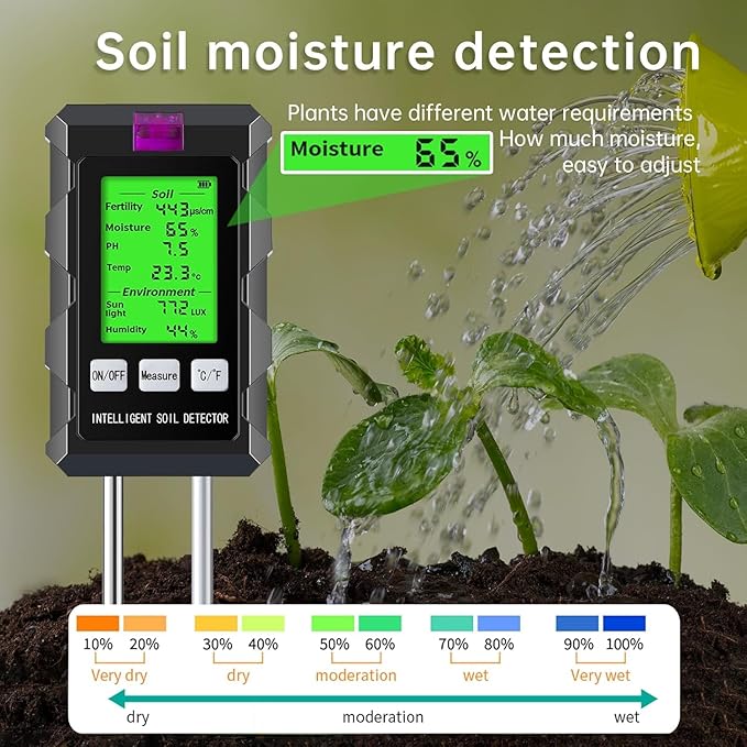 6-in-1 Soil Moisture Meter, Soil Tester for Plants with Soil Moisture, PH Meter, Temperature, Sunlight, Fertility, Environmental for Farming, Gardening (2*AAA Battery Needed)