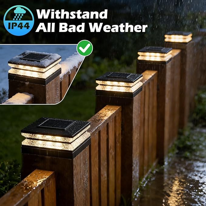 Solar Post Cap Lights, 6 Pack Deck Fence Cap Light for 4x4 5x5 Wood/Vinyl Posts, 3 Color Modes, LED Deck Post Lights Solar Powered Waterproof, for Patio Porch Garden Decoration, Black