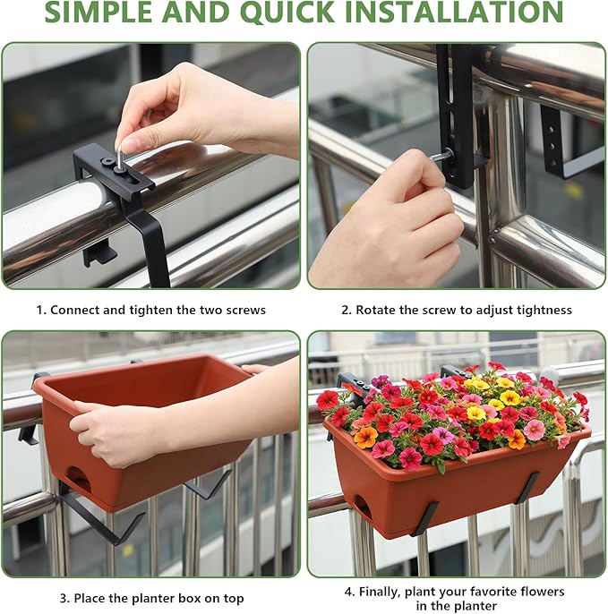 OYEAL Deck Railing Planter Box 4 Pack Window Boxes Planters with Adjustable Brackets 17 Inch Rectangular Hanging Flower Pots Outdoor for Garden Fence Balcony Porch Patio Decor, Red & Black