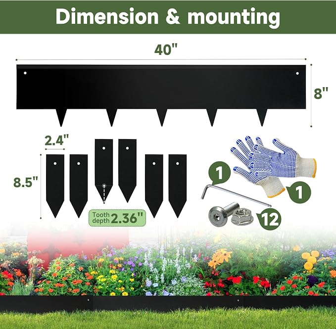 Steel Landscape Edging - 40" LX 8" H Metal Garden Edging - Landscape Lawn Edging - 20FT Total 6 Pcs - No-Dig Hammer Heavy Duty Metal Edging Bendable Border Strips for Lawn Yard Black GJWCVL - 6 Clips