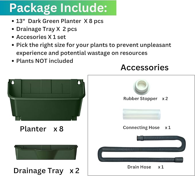 Maxona Vertical Wall Planter for Indoor Plant-Walls Mounted Pot with 2 Drainage Tray 8 Pack, 13 inch Dark Green for Indoors and Outdoor Decor, Plastic Pots Balcony Planters, Plants Hanging