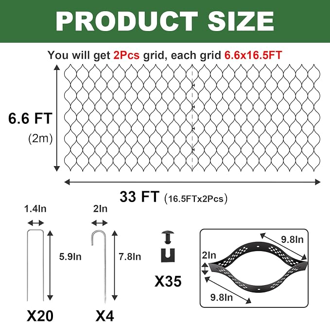 Gravel Grid 2'' Depth with Metal Stakes, 6.6x33 FT Geogrid for Gravel Driveway 2200 lbs per Sq FT Erosion Control Ground Grid Gravel Stabilizer Grid for Driveway, Parking Lot, Slope, Walkway, Patio