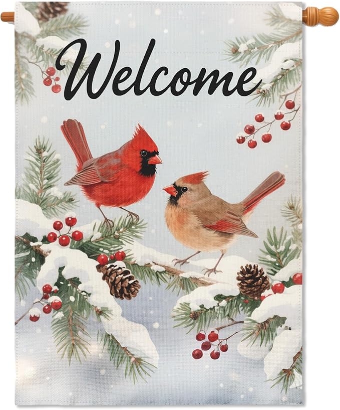 Winter Cardinal House Flag 28x40 Inch Snow Scene Bird Welcome Christmas Holiday Seasonal Decorative Garden Flags for Outside Double Sided Outdoor Home Farmhouse Decoration Porch Yard New Year Decor