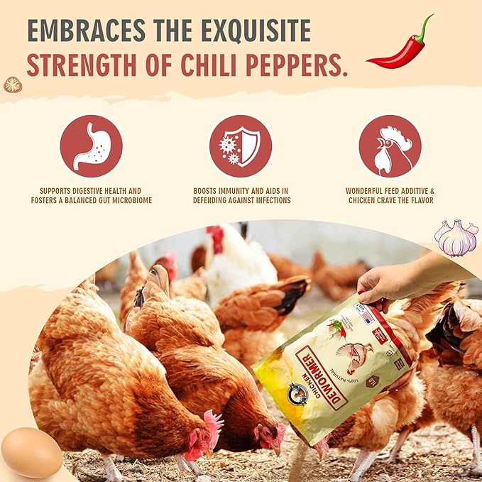 Natural Chicken Dewormer Powder, Chili Mix Formula, 1LB XL Pouch, Poultry Wormer for Laying Hens, Egg Safe, Gut Health Support, US-Made for Backyard Flocks