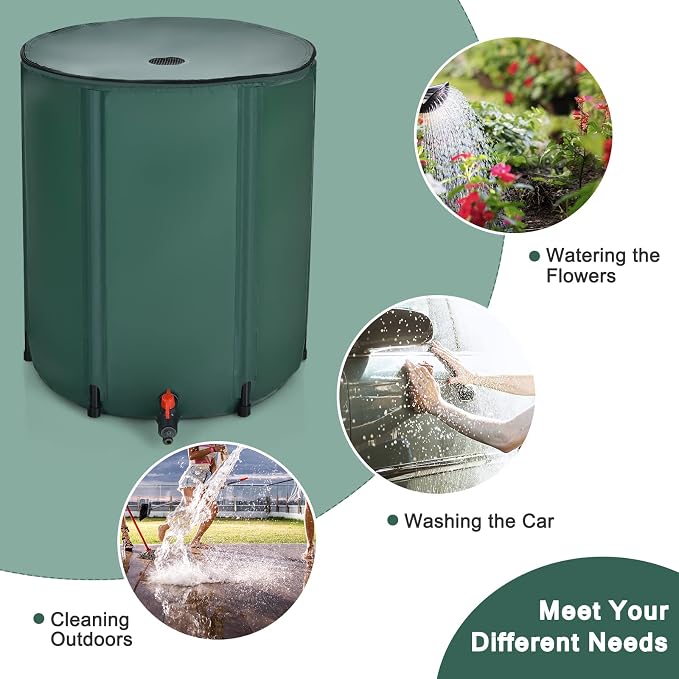 GOFLAME Rain Barrel Water Collector Portable Foldable Collapsible Tank,Spigot Filter Water Storage Container, Green (50 Gallon)