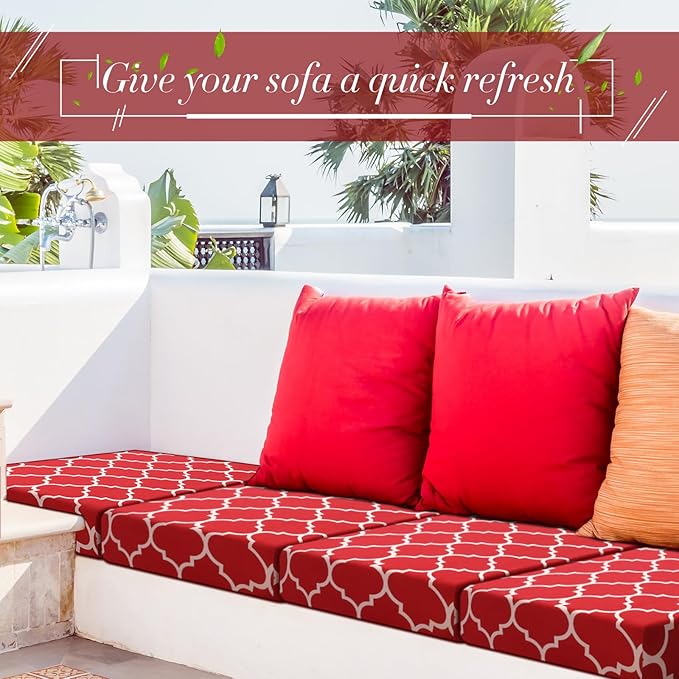 Newwiee 4 Pcs Waterproof Outdoor Cushion Covers for Patio Furniture Stretch Outdoor Couch Cushion Covers Replacement Moroccan Pattern Chair Seat Sofa Slipcovers Soft Flexibility Protector(Wine Red)