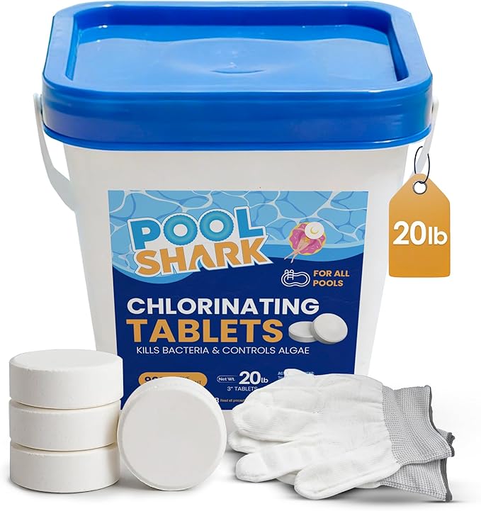 Pool Shark Swimming Pool Chlorine Tablets | 3-Inch Chlorine Tablets | 20 lbs | Slow-Dissolving 90% Active Chlorine Tabs | Pool Chemicals for Inground Pools, Above Ground Pools, Saltwater, Spa, Hot Tub