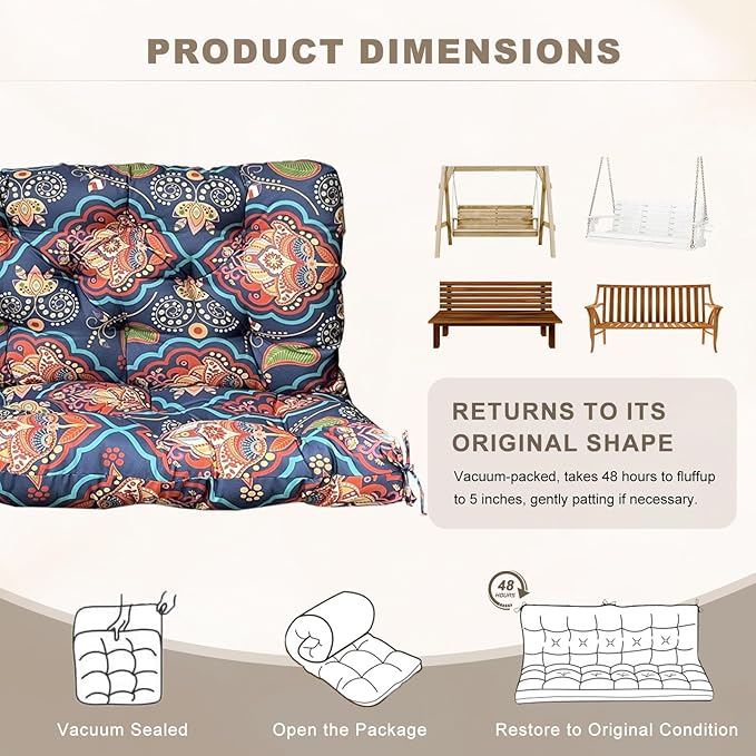 Porch Swing Cushion with Backrest,Waterproof Bench Cushion for Outdoor Furniture,2-3 Seater Replacement Thickened Swing Cushion with Ties,Patio,Outdoor,Backyard and Garden (Bohemian,60x40)