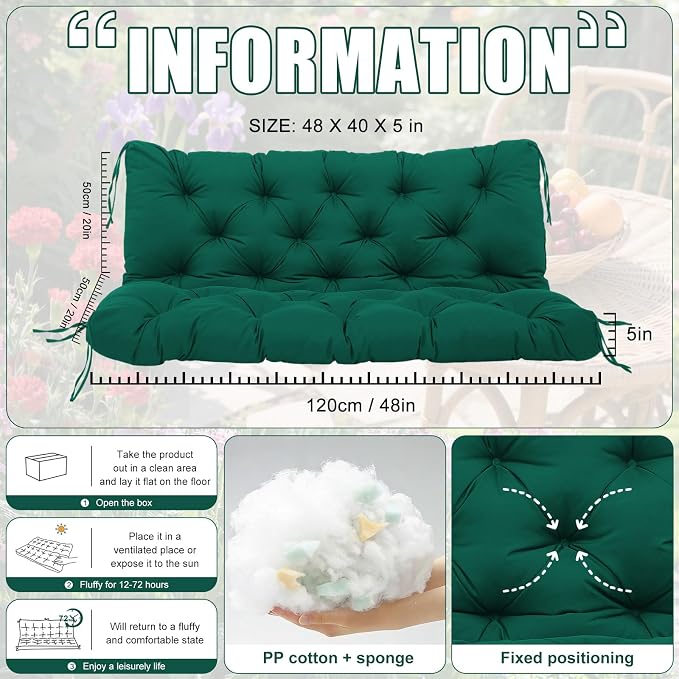 Porch Swing Cushions 2 Seater Replacement Thicken 5" Waterproof Swing Cushions for Outdoor Furniture Bench Patio Swing Cushion with Backrest & Ties(Dark Green 48x40x5inch)