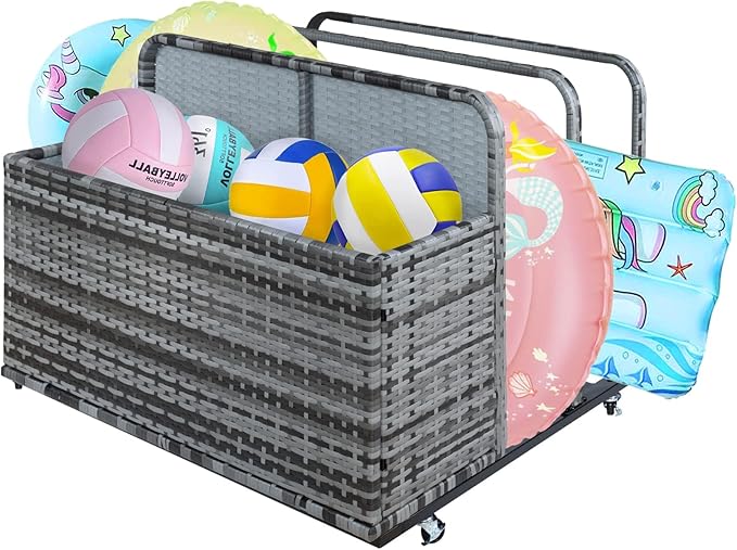 Garvee Double Layer Poolside Float Storage Organizer, Outdoor Wicker Pool Storage Bin for Floats & Toys, Rolling Poolside Storage Rack for Pool Toy Noodles Equipment Accessroies
