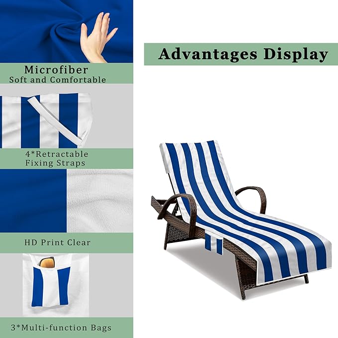 Lounge Chair Towel Cover, Beach Chair Cover (Pack of 2), Pool Lounge Chair Covers for Outdoor,Garden, Beach,Sun Lounger,Hotel Pool, 85" X 30"Large Size and No Sliding, Royal Blue Stripe
