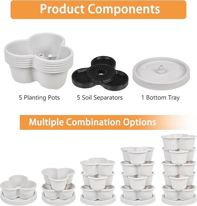 VECELO 5 Tier Vertical Garden Planter, Self Watering Stackable Planters with Wheels for Strawberries, Herbs, Flowers, Vegetables, Gray