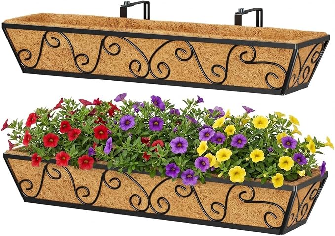 Y&M 30 Inch Butterfly Window Box Planter. Railing Planters for Outdoor Plants, Over the Railing Planter Boxes & Wall Mount, Rust-Resistant Steel with Coco Coir Liner for Balcony, Deck - 2 PCS